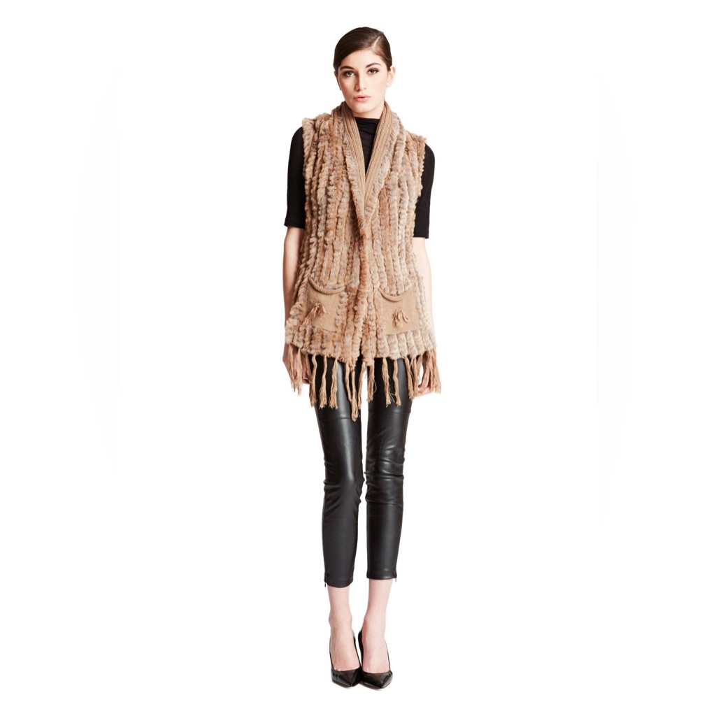 Belle Fare Lenzen Knit Fringe Rabbit Fur Wool Vest Dark Brown